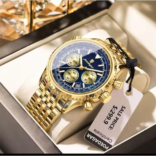 POEDAGAR Men's Chronograph Gold Water Resistant Wristwatch Gold And Blue Face